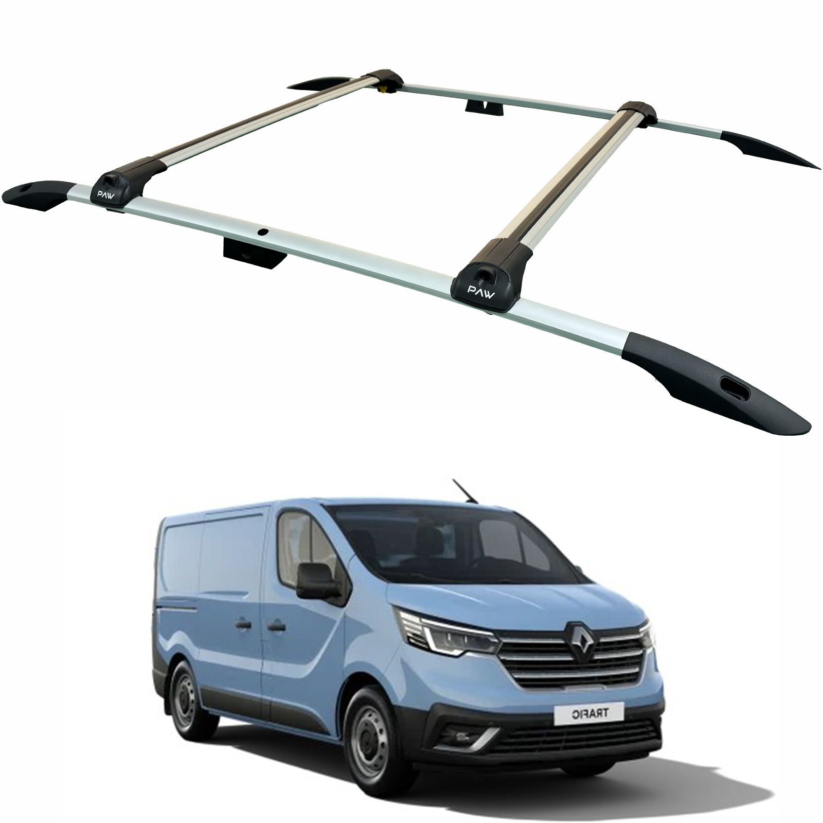 For Renault Trafic X82 LWB 2014-2025 2Pcs Roof Rack + 2Pcs Cross Bars Aluminum Silver For Renault Trafic X82 LWB 2014-2025 2Pcs Roof Rack + 2Pcs Cross Bars Aluminum Silver